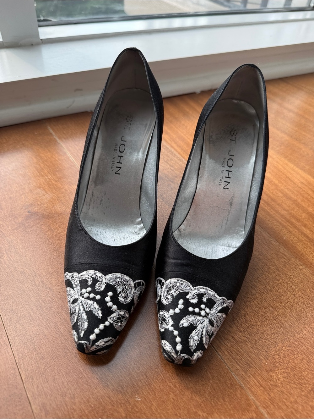 St. John Black Satin Pointed-Toe Pumps with White Bead Embroidery